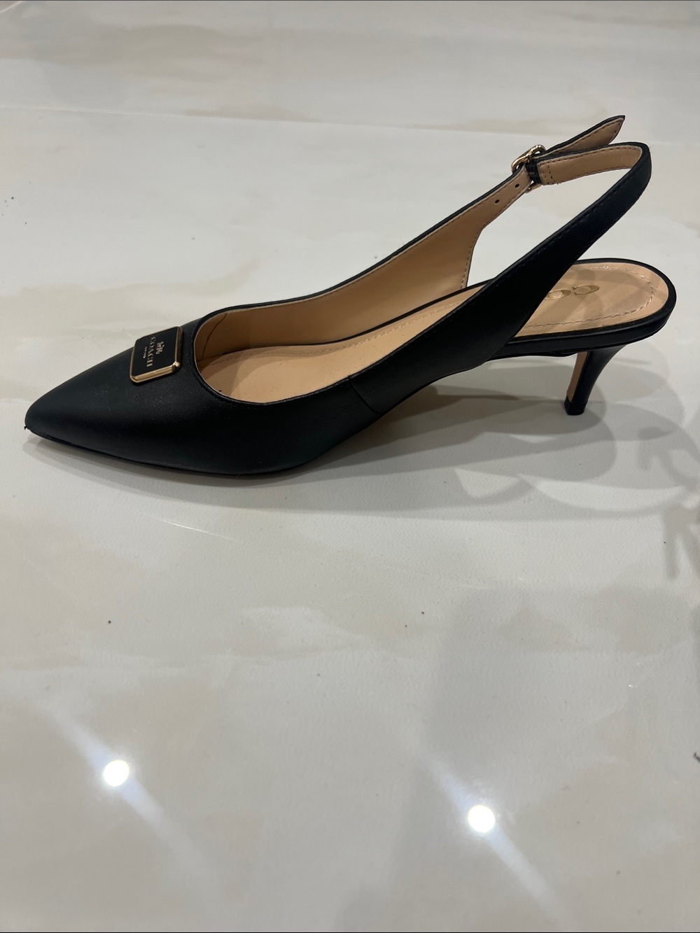 Coach Black Leather Pointed Slingback Mules with Gold Plaque - Picture 3 of 5